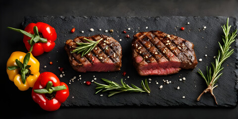 Grilled beef steak with rosemary and pepper on stone plate on black background.