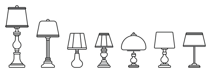 Lamp line icon set collection. Modern Vector Lamp Design for Elegant Home Illumination. Decorative table lamps isolated on white background. Lighting home accessories. Lights elements vector clipart.