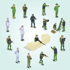 army soldier people isometric set isolated icons human characters armed people uniform vector illustration - obrazy, fototapety, plakaty