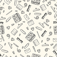 Fototapeta na wymiar stationary doodles in seamless pattern, wrapping paper purpose