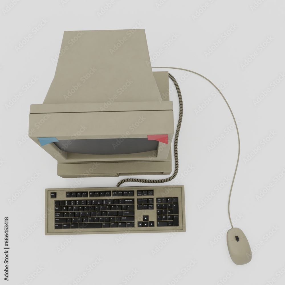 Fototapete old computer 3d rendering isolated on white background from top view.