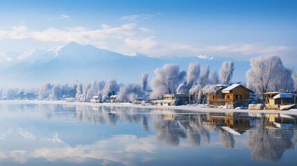 a beautiful view of dal lake in winter srinagar Kashmir, India with reflection - obrazy, fototapety, plakaty