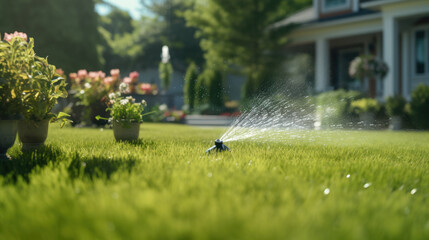 Watering garden with hose at heat summer. Close up. Automatic smart irrigation system. - obrazy, fototapety, plakaty