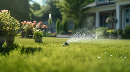 Fotobehang Watering garden with hose at heat summer. Close up. Automatic smart irrigation system. © Nataliya