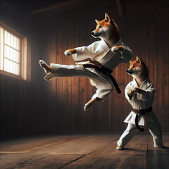 shiba inu dogs doing flying kung fu kicks as part of the way of the dog