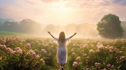 adult asia traveller woman open arm relax in to blossom ark field in misty morning with sunlight - obrazy, fototapety, plakaty