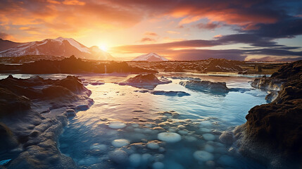 beautiful landscape and sunset near blue lagoon hot spring spa in iceland - obrazy, fototapety, plakaty