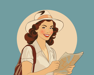 Retro Style Illustration: Female Traveler Holding a Map