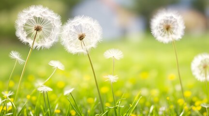 Dandelion weed seeds blowing across a brightly lit spring garden with a blurred bokeh sunny foliage background