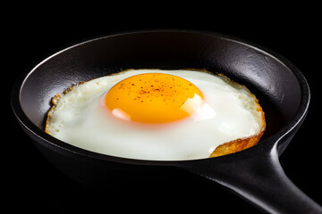 fried egg in a frying pan isolated on a black background. closeup shot of a fried egg in a frying pan.