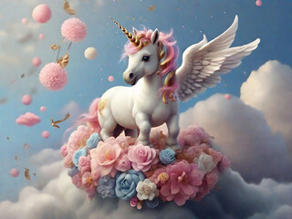Adorable Unicorn on Flying Cloud