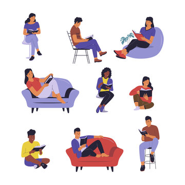 Collection of people reading book concept. Vector flat illustration