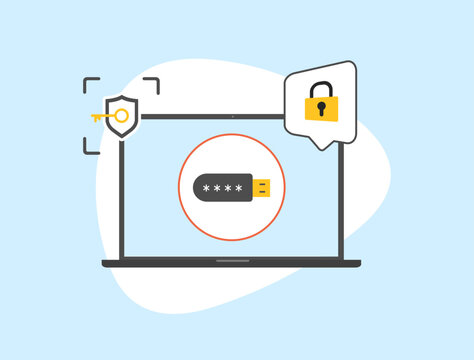 Passwordless Authentication With FIDO - Fast Identity Online with Private External USB Key Authenticator. Password-Free Security Login with USB Passkey, hardware token. Vector illustration with icons