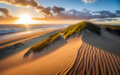 Fototapeta na wymiar Golden Horizons, Coastal Sand Dunes Awakened by Sunrise