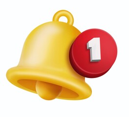 3d notification bell icon isolated on white background. 3d ringing yellow bell with new notification for social media reminder. Realistic icon
