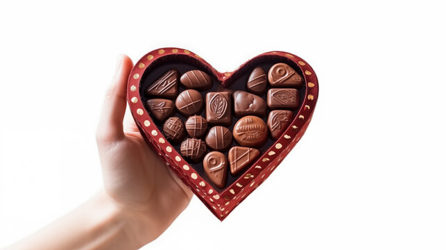 16:9 or 9:16 Photo of chocolates in a heart-shaped box on an outstretched hand, symbolizing love on Valentine's Day and other special days.