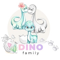 Watercolor baby boy dinosaur, quote. Mom and Dad with neewborn. Dino family Clipart for babyshower, nursery, decor, stickers, prints with historical animals