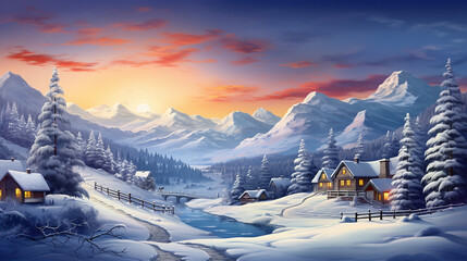 Christmas winter landscape with sunset