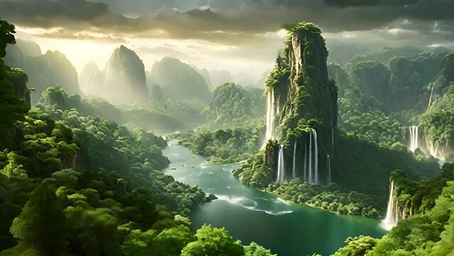 third image breathtaking landscape, with towering cliffs cascading waterfalls leading down valley filled with lush forests meandering rivers. isles seem filled with 2d animation