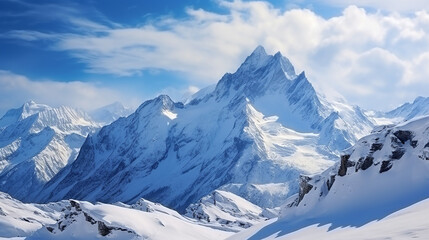 snowy greater caucasus ridge with the Mt. Ushba at winter - obrazy, fototapety, plakaty