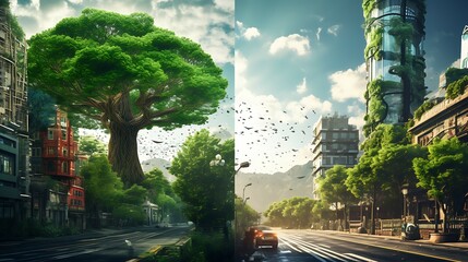 Split view of 
Tree nature on the village, green calm, cool vibes vs tree tech on the city, farious vibes, future design, AI image generative