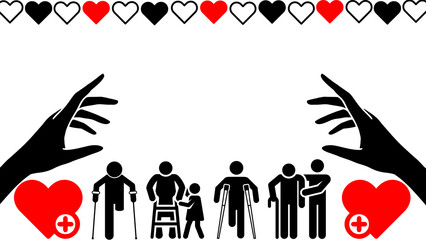 Illustration of caring People with Disabilities suitable for use Celebrating Valentine's Day or other celebratory events with Heart shaped balloons, copy space area and transparent background.