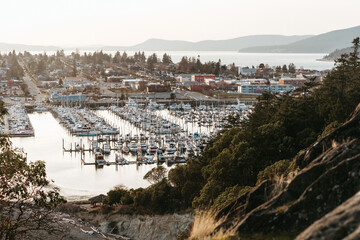 View of Anacortes from Cap Sante Park on Fidalgo Island at sunset in the San Juan Islands in...