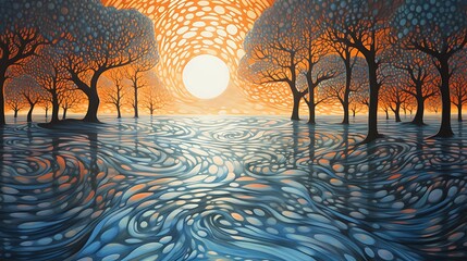 Sunset Emotional painting water ripples': oil on canvas, in an emotional watercolor style, surreal...