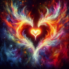 Fiery heart. Twin flame logo. Esoteric concept of spiritual love. Illustration on black background for web sites, wallpapers and much more. Created using generative ai tools - obrazy, fototapety, plakaty