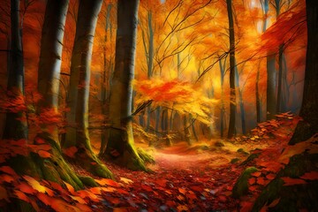 close up view, the enchantment, of a colorful autumn fores, with beautiful scene,t through your brushstrokes,