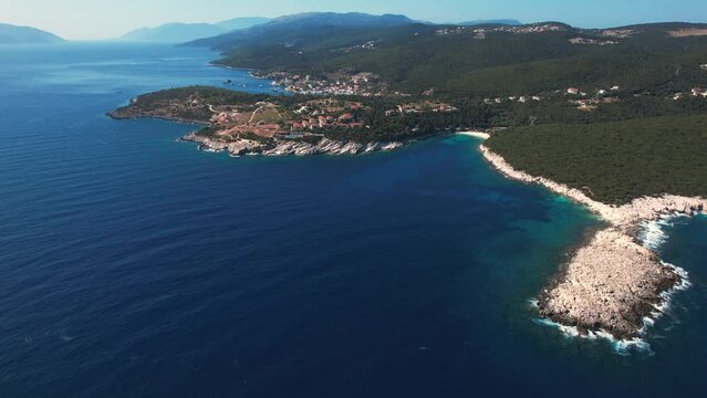 Flying over Paralia Emplisi beach, Kefalonia, during summer, Greek Ionian Islands.