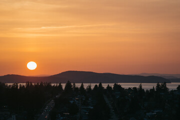 Obraz premium View of Anacortes from Cap Sante Park on Fidalgo Island at sunset in the San Juan Islands in northwest Washington 