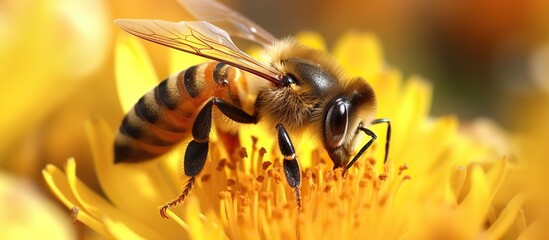 Bee on a yellow flower, macro photography of bee on yellow flower