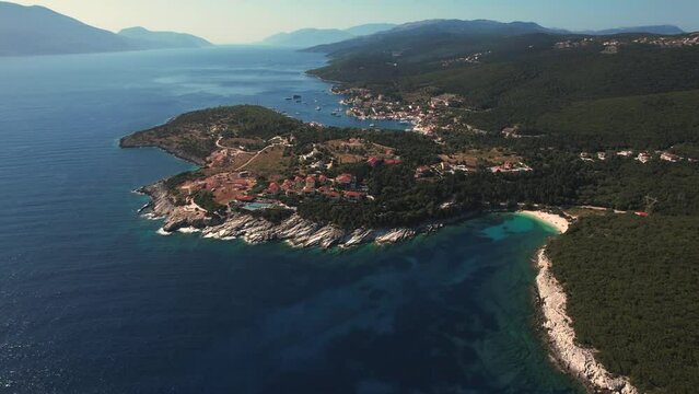 Flying over Paralia Emplisi beach, Kefalonia, during summer, Greek Ionian Islands.