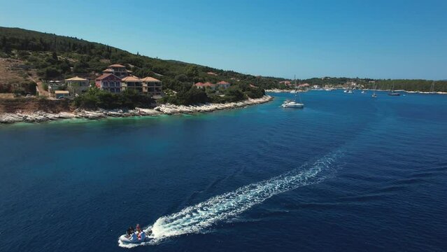 Flying over Foki beach, Kefalonia, during summer, Greek Ionian Islands.