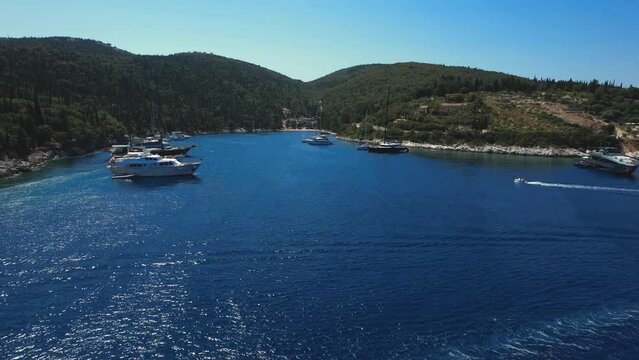 Flying over Foki beach, Kefalonia, during summer, Greek Ionian Islands.
