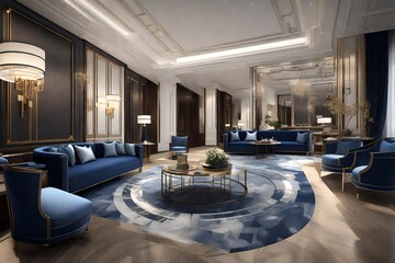 3D view, entree hall in luxury hotel, with navi blue color sofa's