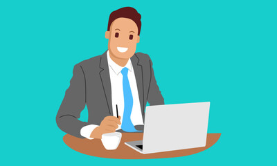 flat illustration of man at his desk is working on the laptop computer