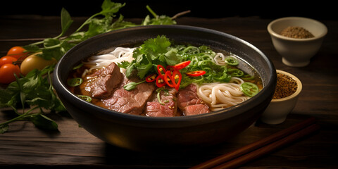 beef and vegetables ,Pho bo soup with beef in bowl on black backgound vietnamese cuisine ,Vietnamese pho soup meat pieces and rice noodles in soup chopsticks generative ai