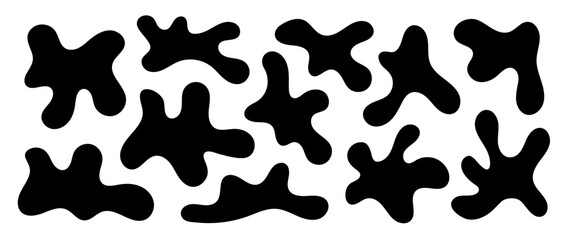 Abstract organic shapes collection. Irregular liquid forms set. Black amoeba blobs, blotches, drops or stains bundle. Different design elements pack for decor, sticker, banner, bubble, collage. Vector