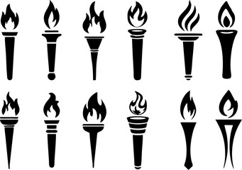 Set of traditional ancient Greek torch icons. Greece runner, Sport flame. Symbol of light and enlightenment. High HD resolution burning stick, sports symbol icon, historical tradition icons. - obrazy, fototapety, plakaty