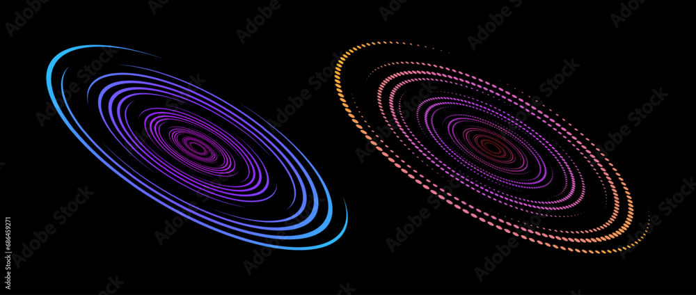 Aufkleber Linear and halftone speed spiral set. Colorful dynamic dots and lines in perspective. Radial swirl element for logo, print, poster, template, icon, banner. Round technology illustration. Vector