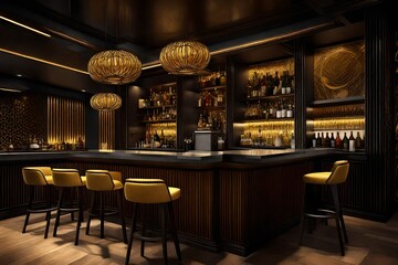  a bar, in the luxury hotel, with  wooden art on the walls, with black and yellow background, light...