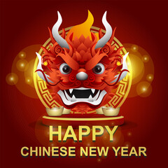 Happy Chinese New Year with a picture of a dragon's head on stage