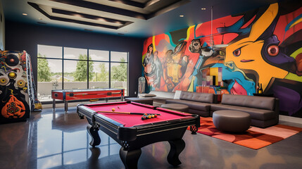  Game room with a pool table, arcade games, and vibrant wall art