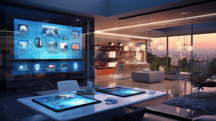 High-tech smart home control center with touchscreens and automation panels