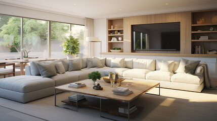 Fototapeta premium Inviting family room with a sectional sofa, a large coffee table, and a wall-mounted TV for cozy movie nights