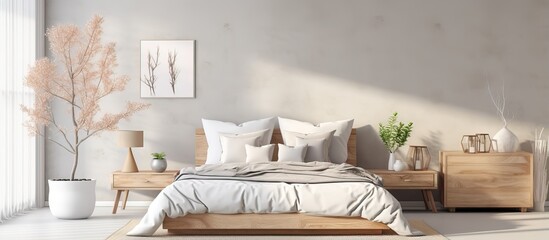 Fototapeta na wymiar a mock up Scandinavian bedroom in a home interior