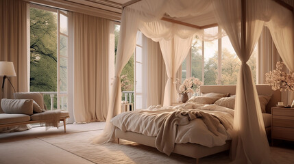 Serene bedroom with a canopy bed, soft neutral tones, and large windows offering a view of a peaceful garden