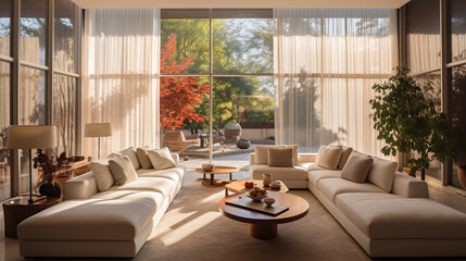Sunlight streaming through sheer curtains, highlighting a contemporary living room with plush sofas and vibrant accent pillows